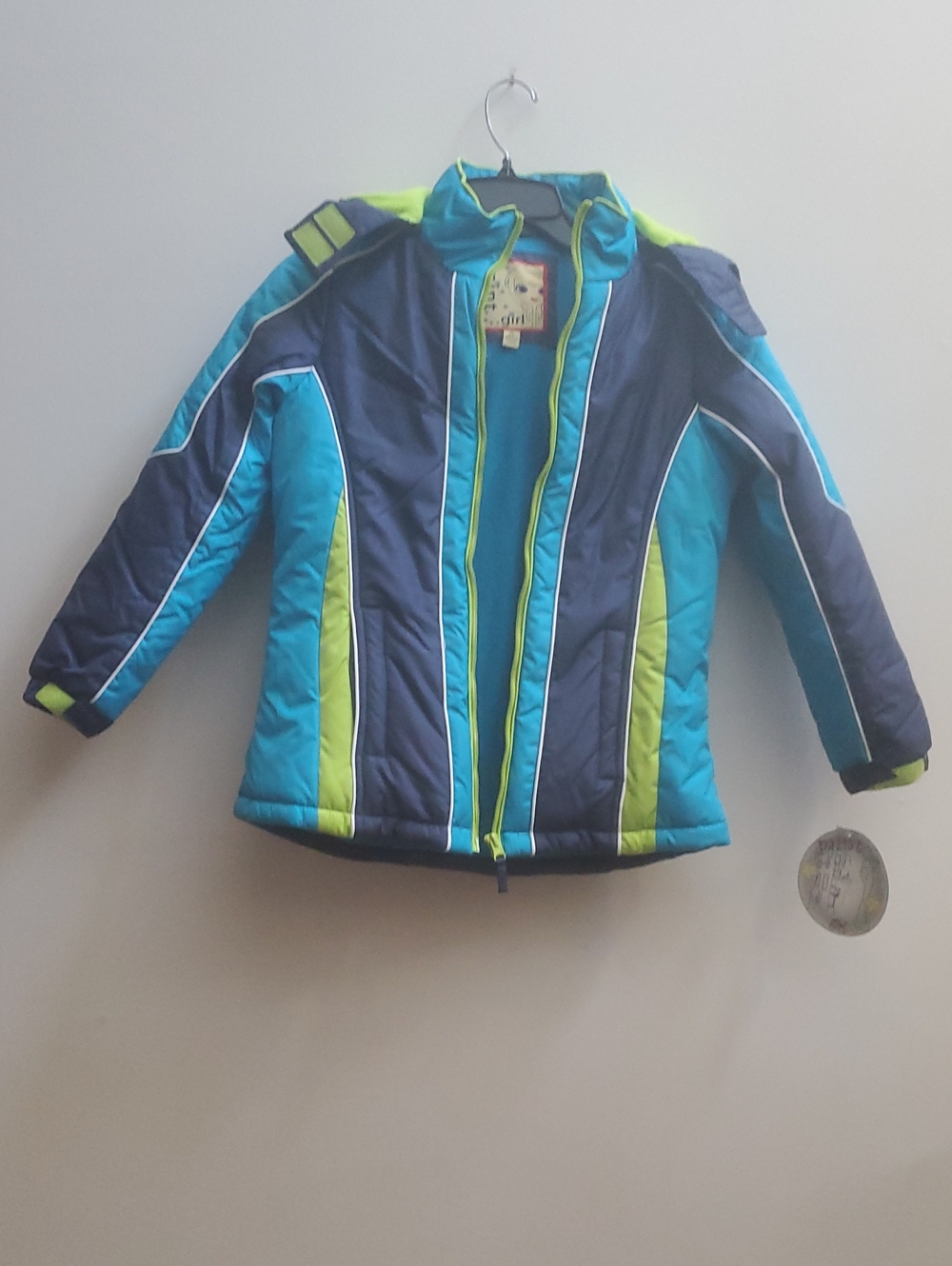 NWT MINT GIRLS  HOODED PUFF WINTER JACKET  IN  AQUA/NAVY BLUE /SZ:KIDS -MEDIUM
